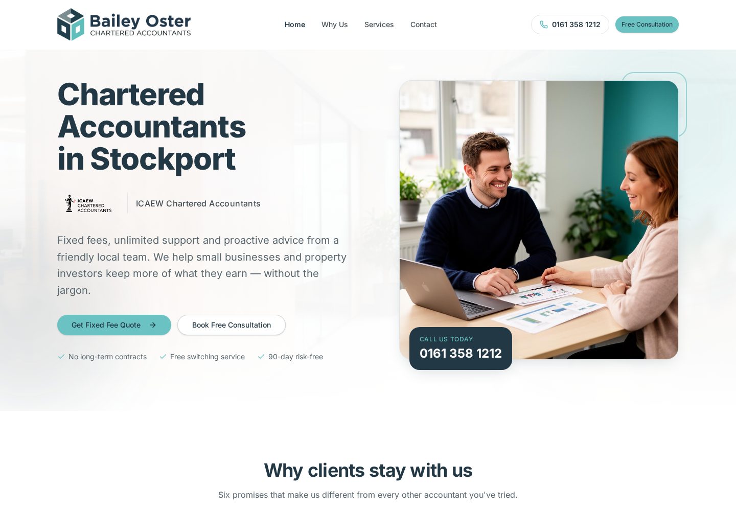 Bailey Oster Chartered Accountants homepage shown on desktop