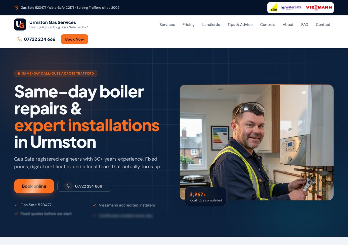 Urmston Gas Services homepage shown on desktop